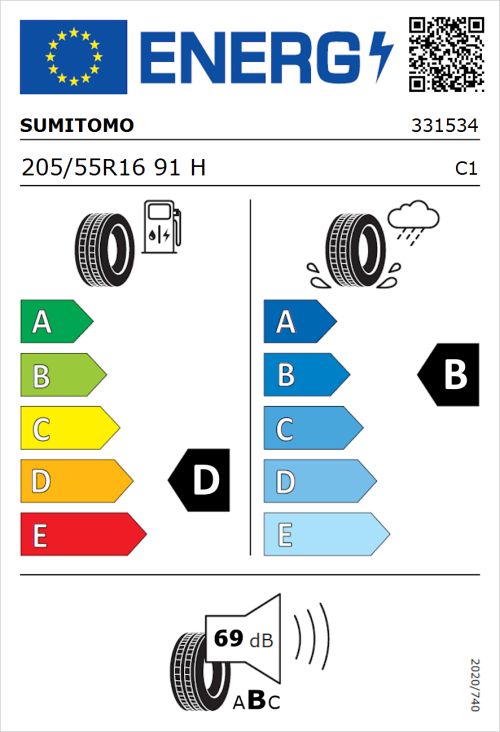 Tyre Label for Sumitomo BC100 205/55R16 91H