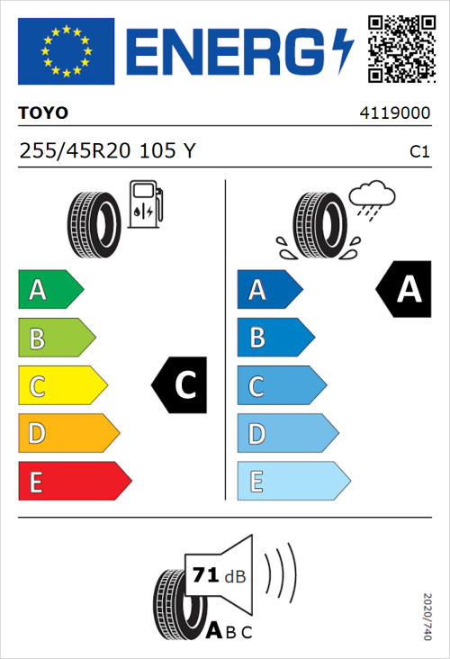 Tyre Label for Toyo Proxes Sport 2 255/45R20 105Y